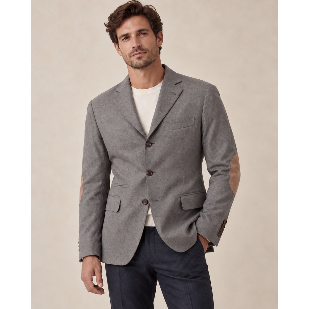 Brunello Cucinelli Grey Wool Silk Blazer Leather Elbow Patches 48 IT 38 US